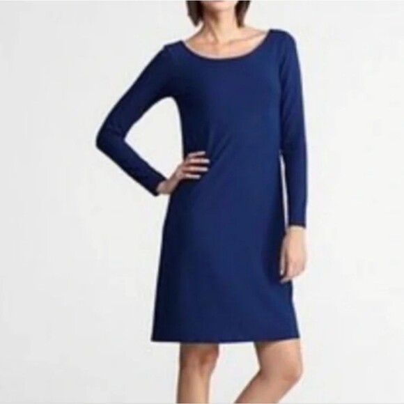 Eileen Fisher Knit Shift Dress Keyhole Back Long Sleeve Blue Size L Petite - Picture 1 of 14